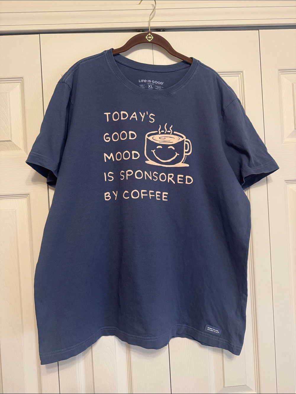 Life Is Good Men’s Navy Blue Tee with Cream Coffee Graphic